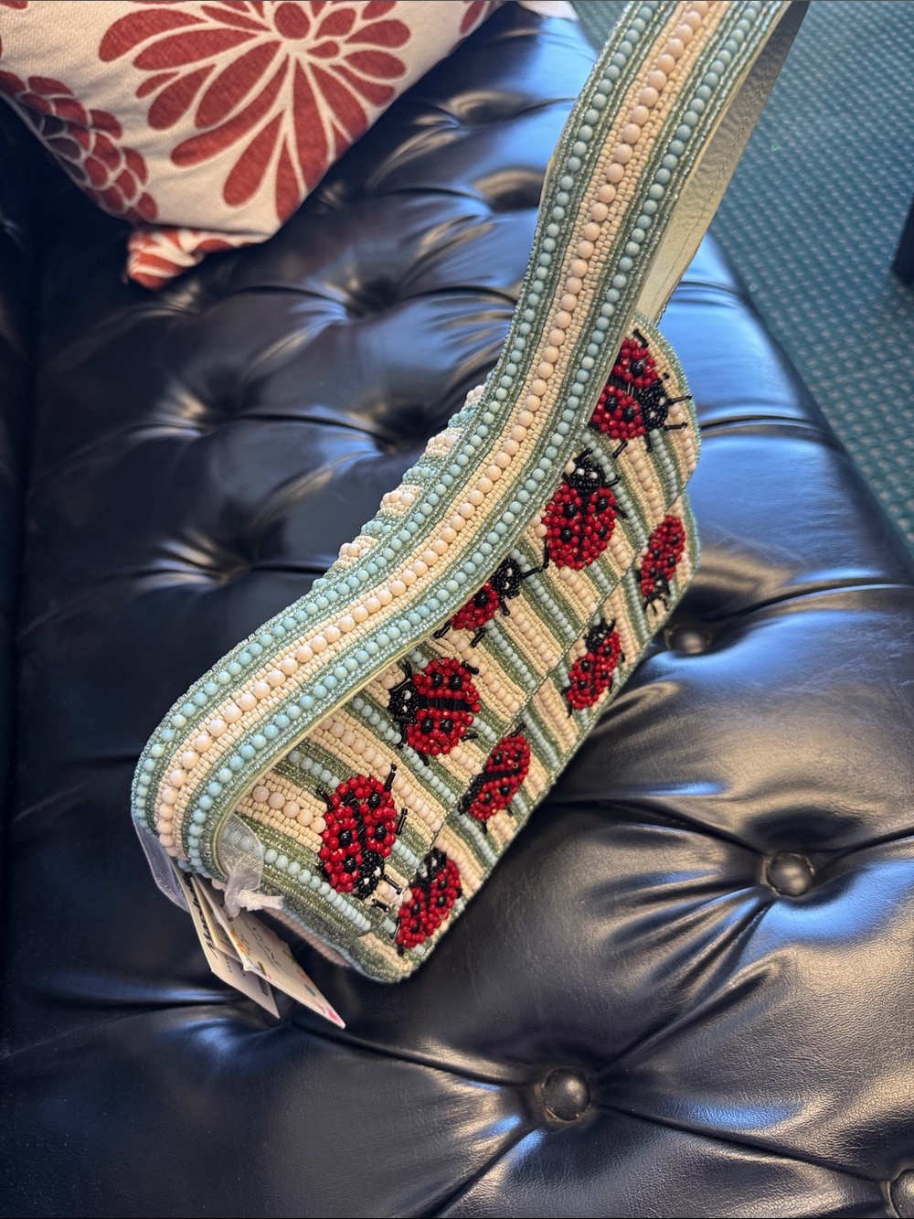 Viral Beaded Ladybug Shoulder Bag in Mint Green with charm - Picture 2 of 3